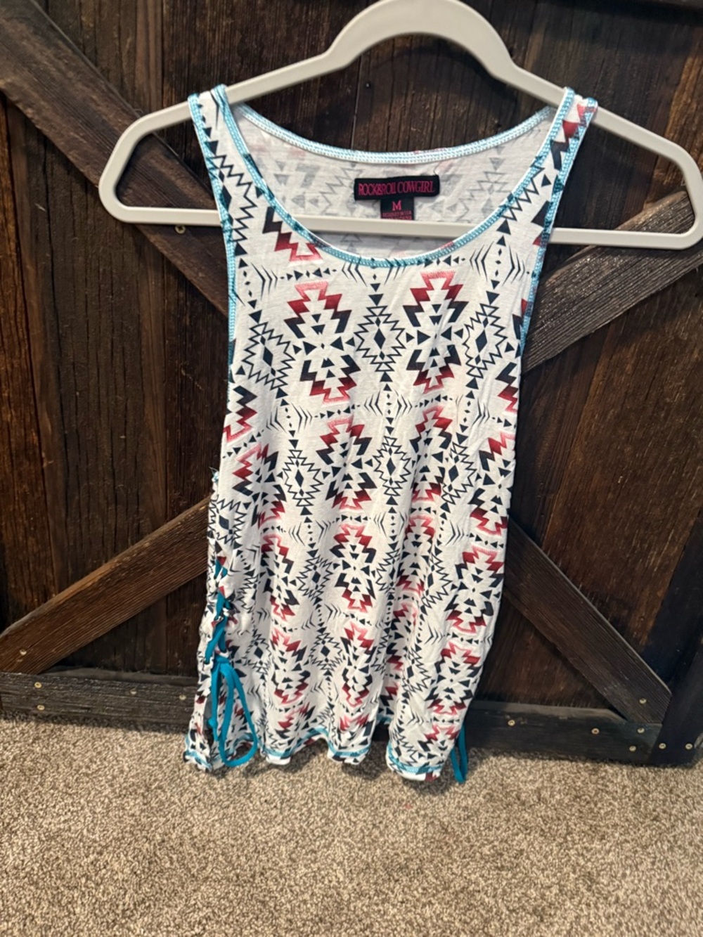 Rock & Roll Cowgirl White Tank Top with Black & Red Aztec Print and Teal Trim